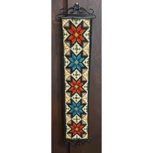 TAPESTRY Wall Hanging Floral Turquoise Black Vertical BELL PULL Cross Stitch - Picture 1 of 6